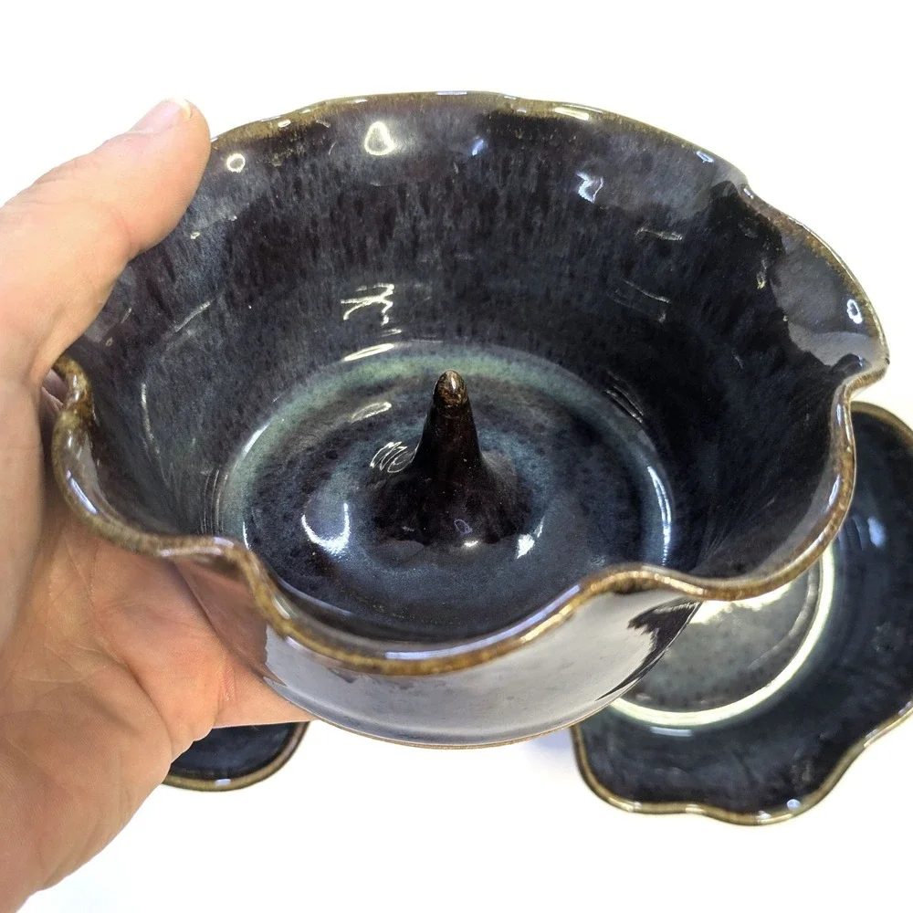 Sandra O'Quinn Studio Pottery Set 3 Apple Bowls & Baker Midnight Glaze Signed